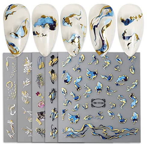 5 Blatt Nagelsticker Selbstklebend Gold Abstrakte Linie Nagel Sticker Blumen Nagelaufkleber Glitzer Aufkleber Nail Art Stickers Zubehör DIY für Damen Mädchen Weihnachten Nagelkunst Dekoration