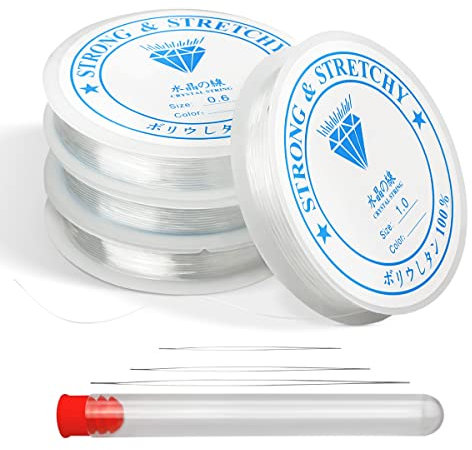 Suofuolef 4 Spule Gummiband für Armbänder, 0.4mm 0.6mm 0.8mm 1.0mm Transparent Elastische Schmuckfaden mit Perlennadel für Schmuckherstellung, Halskette, DIY Basteln