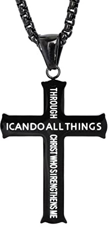 LeapoFaith Cross Pendant for Car Rear View Mirror Decor Hanging Ornament Stainless Steel Lord's Prayer Cross Necklace Adult Men Christian Gift (Black)