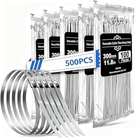 Deecam Stainless Steel Cable Ties 4.6×300mm Metal Cable Tie 500 Pcs | 304 Stainless Zip Ties with Steel Ball Stopper, Suitable for Exhaust Wrapping, Binding Tie, Garden Repair and Fixed Fence