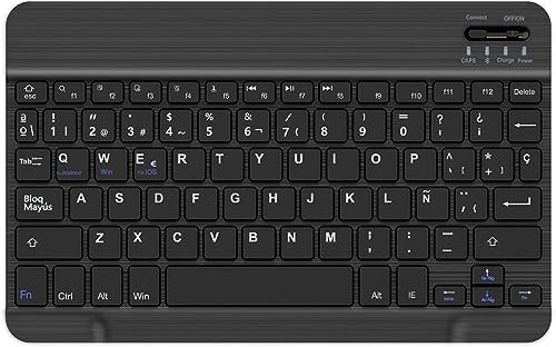 HLTOOP Teclado Bluetooth Español,Light Teclado Inalámbrico Portátil para iPhone de iOS,iPad,Samsung,Lenovo,Huawei,Android,Windows,Compatible con Dispositivos con Bluetooth,Negro,Spanish