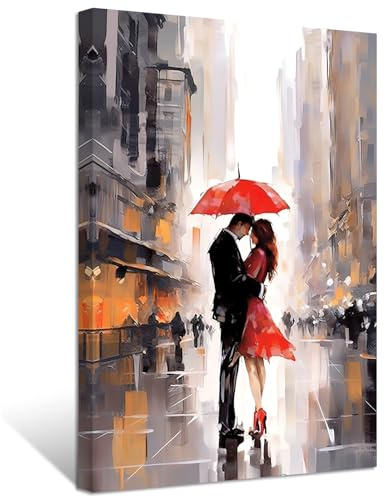 ZXHYWYM Romantische Bilder Straßenpaar mit rotem Regenschirm Gemälde Valentinstag Leinwanddrucke für Mädchen Schlafzimmer Raumdekoration fertig zum Aufhängen (Bild-4, (30.00 x 45.00 cms))