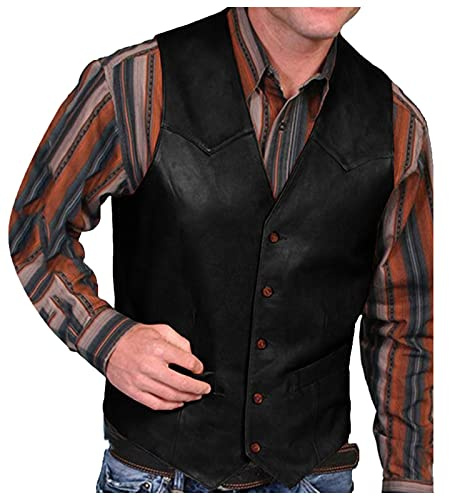 Gilet de Costume en Cuir pour Homme - Sans Manches - Sport Boutonné - Décontracté Vintage Style Cowboy - Col en V - Poche Solide - Bouton - Cuir et Daim, Noir