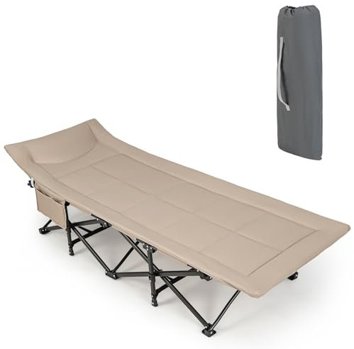GYMAX Campingbett, Schlafbett faltbar, Feldbett mit Kissen, 10 Stützepunkten & Tragetasche, Schlafbett bis 200 kg belastbar, tragbares Zeltbett für Indoor- & Outdoor-Reisen (Khaki)