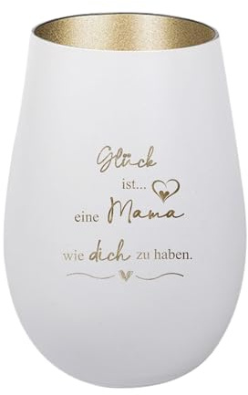 Der-Porzellan-Laden Windlicht Weiß Gold Teelichthalter aus Glas mit Spruch | mit Gravur Glück ist eine Mama wie Dich zu haben Tischdeko modern