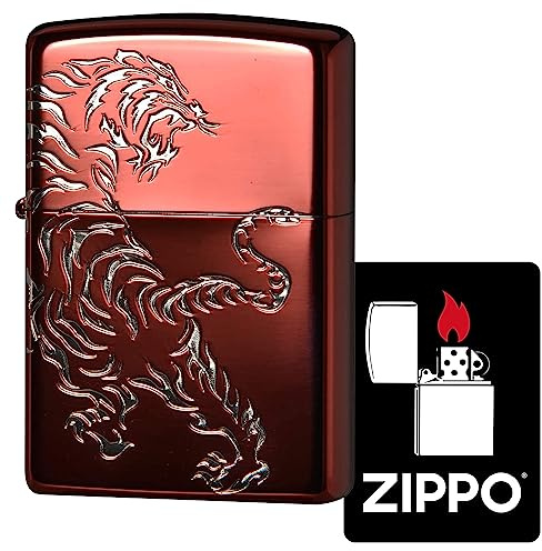 Zippo 2REDS-Tiger Windproof Brass Lighter with 2 Sided Tiger with Special Stickers, Red