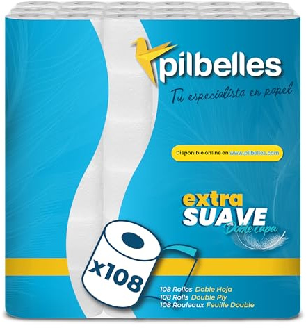 PILBELLES Papel Higiénico Extra Suave, 108 Rollos, 2 Capas | Más de 160 Hojas por Rollo, Sin Perfumes, 100% Celulosa Certificado Ecolabel