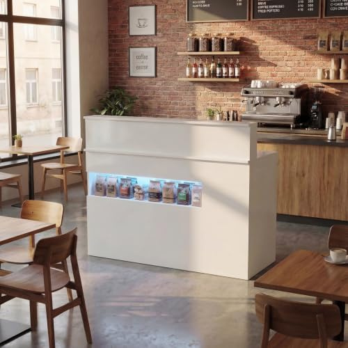PREMTURE Reception Desk with LED Lights & Display Shelf, White Reception Counter with Lockable Drawers for Company Halls, Hotel Receptions, Clothing Stores, Beauty Salon, 50D x 120W x 100H cm