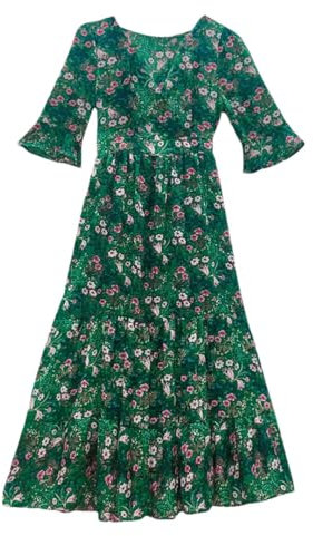 Robe De Plage D'été Femmes Imprimé Fleuri Boho Longue Robe en Mousseline De Soie EN8 Volants Col en V Robes De Soirée Vintage EN8 M