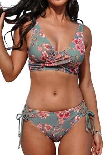 CUPSHE Women's Bikini Set Twist Front Tie Side Bikini Swimsuit Two Piece Swimwear Bathing Suits Grey Green/Red M
