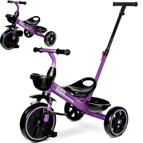 KRIDDO 2-in-1 Toddler Tricycle for Ages 18 Months to 5 Years Old - Extended Push Handle for Effortless Push, Gift Trike for Toddler 3 to 5 Year, Kids Tricycle with Foldable Front Footrest, Purple