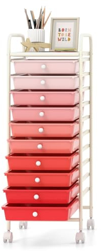 GIANTEX Rollwagen mit 10 stapelbaren Schubladen, Schubladenwagen Badrollwagen Küchenwagen mit feststellbaren Rollen, Aufbewahrungswagen Haushaltswagen Metallgestell für Küche Büro (Rot+Pink)