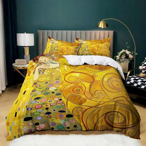 Gold Bettwäsche Set 155x220 cm Ölgemälde Frau Klimt Bettbezug für Jungen Mädchen Kinder Schlafzimmer Dekor, Weiche Microfaser Bettwäsche mit Reißverschluss und 2 Kissenbezug 80x80 cm