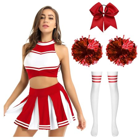 Yruioon 5Pcs Damen Cheer Leader Kostüm Cheerleading Uniform Crop Top mit Minirock Zubehör Cheer Outfits Halloween Karneval Fasching Tanzkostüm
