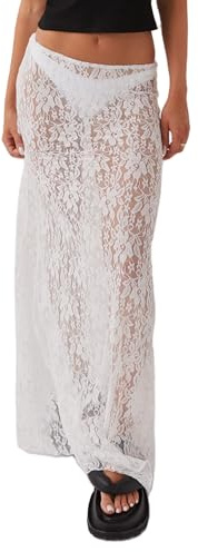 FeMereina Falda larga de encaje para mujer, falda de cintura alta transparente, falda midi A-line Y2K de verano, elegante falda de playa para fiesta, maxi faldas, blanco, L