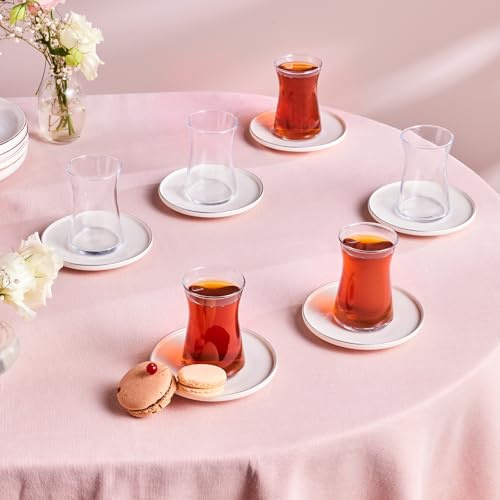 Karaca Streamline Saturn - Juego de 12 tazas de té turco, tazas y platillos para 6 personas, 170 ml, platino
