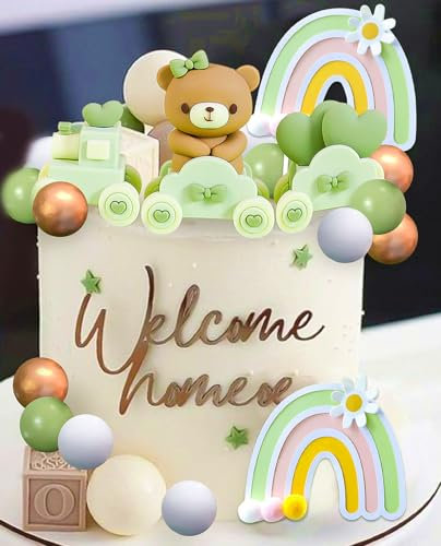 JeVenis Grun Teddybär Tortendeko Zug Teddybär Kuchen Dekoration Taufe Junge Mädchen Kuchen Dekoration 1 Jahr Geburtstag Tortendeko für Hochzeit Babyshower Geburtstag Party