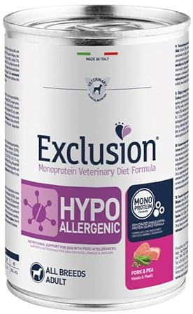 Exclusion Hypoallergenic all breeds per cani adulti di tutte le taglie, gusto MAIALE e PISELLI, ipoallergenico | 6 scatolette da 400 grammi l'una.