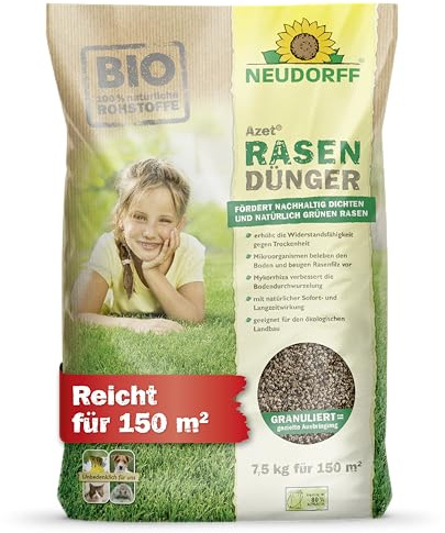 Neudorff Azet RasenDünger Frühjahr 7,5 kg für 150 qm - 100% natürliche Inhaltsstoffe - Dünger für Rasen sorgt für eine dichte, grüne und strapazierfähige Rasenfläche mit 6 Monaten Langzeitwirkung