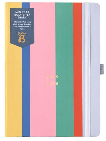 Busy B - Mid-Year Busy Life Terminkalender ab August 2025 bis August 2026 - Multi Streifen - Taschenformat Wochenansicht A5 Terminkalender mit Stifthalter, elastischer Verschluss und Steckfächer