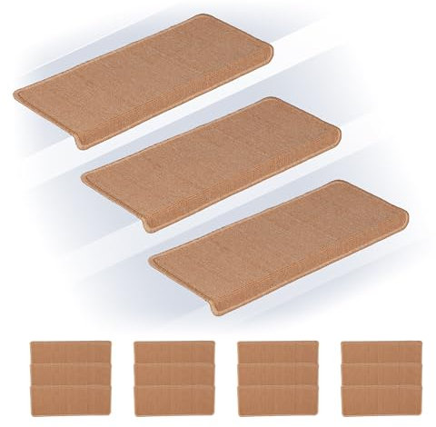 Relaxdays Alfombras para Escaleras, Set 15, Alfombrillas Escalones, Antideslizantes, 65 x 24 cm, Autoadhesivas, Beige, Plástico