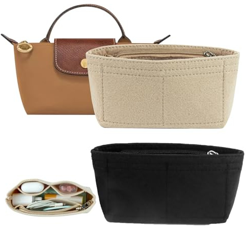 gexuamz Set de 2 Organizadores de Fieltro para Bolsos Mini, Compatible con Longchamp, con Múltiples Bolsillos, Negro y Beige, 17 x 5 x 8 cm