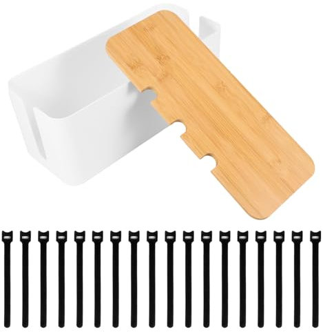 Kabelbox, Kabelmanagement Box, Cord Organizer Box mit hölzernem Deckel, DREI Loch Holz Abdeckung mit Klettband, Kabel Organizer Box, Geeignet für Ladekabel und Desktop Organisation, Weiß