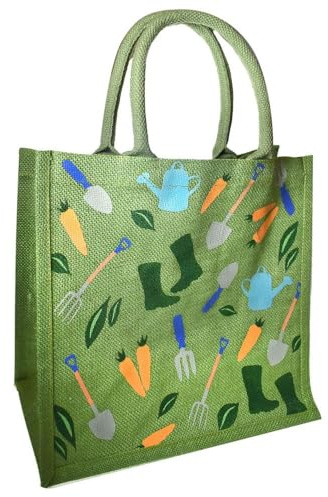 Shared Earth Garden Print Jute Shopping Bag, 30 x 30 x 20 cm, Green Background
