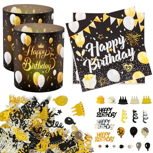 YOUYIKE Tischdeko Geburtstag, 20 StüCk Servietten Happy Birthday+ 12 StüCk Windlicht Tischdeko Geburtstag +100 StüCk Schwarzes Gold Happy Birthday Konfetti, Geburtstagsdeko Tisch für Jeden Geeignet