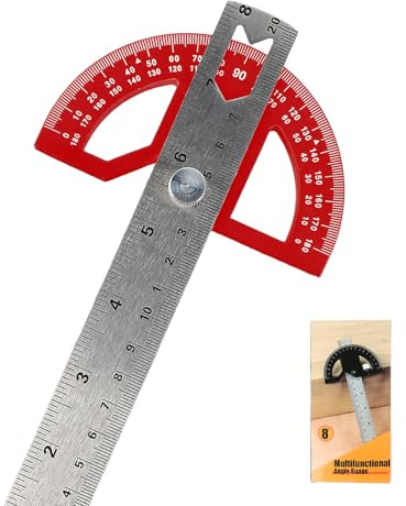 FEMONGY Goniometro, Misuratore angoli, Righello metallo, Acciaio inossidabile regolabile, Adatto per scuola, scrivania, pittura fai da te, disegno e bozza, rosso, 20cm