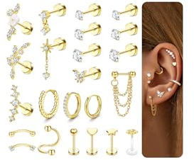 Adramata Helix piercing smycken kirurgiskt stål tragus örhängen set platt baksida örhängen nitar öronpiercing conch helix ring broskörhängen daith tragus piercingar, Rostfritt stål