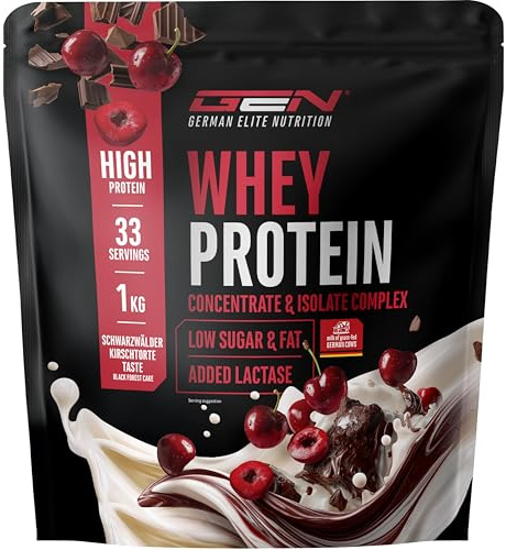 Elite Whey Protein en poudre - 1000 g Forêt-Noire Cerise - avec whey isolat - jusqu'à 23 g de protéines par portion - instantanément soluble - avec lactase, BCAA & EAA