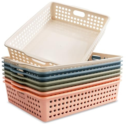 Zmpkhba 8 Pack Paper Organizer Baskets Trays, 14 Inch Colorful Plastic Storage Baskets Stackable Organizer Bins with Handles for A4 Documents, Arts, Crafts, Library, Office