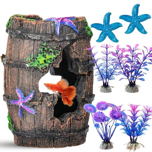 UOSIWYA 7 Stück Aquarium Deko Höhle, Simulation Moos Cave Dekoration Harz Aquarium Zubehör mit Künstliche Wasserpflanzen Blaue Seestern Koralle für Reptilien Betta Fisch Schwimmhabitat Versteck