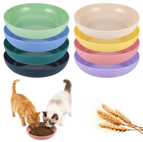 TranRantic 8 Stück Katzennapf Flach, Langlebig Futternapf Katze, Runden Katzenfressnapf für Futter und Wasser, Weizenstroh Katzenteller für Kätzchen und kurzbeinige Katzen(8 Farben)