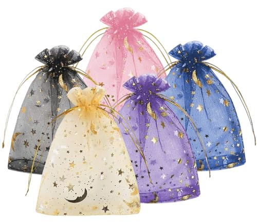 CERCTLA 100 Pieces Organza Gift Bags, 7x9cm Moon Stars Organza Bags with Drawstring, Small Clear Mesh Bag for Eve Halloween, Birthday, Wedding, Christmas, Party, Mixed Color