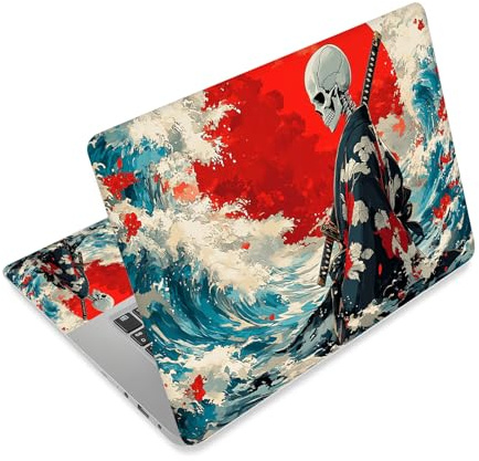 HGGJFLYX Universal Laptop Skin Sticker Decal,15.6 Inch Laptop Vinyl Cover for 13 14 15.6 Laptop,Scratch-Resistant Waterproof Protector Wrap,Reusable with Wrist Pads,Samurai Skull in The Waves