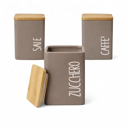 MECSAL CASALINGHI Set 3 Barattoli Cucina in Ceramica con Coperchio Bambù 9x12 cm – Contenitori Sale Zucchero Caffè – Porta Alimenti Dispensa Design Moderno – 4 Colori (MARRONE)