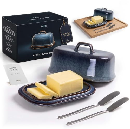 SABN STORE Pack Mantequillera de cerámica tapa con asa, para mantequilla máximo 250g, nevera y lavavajillas, 2 untadores inox + tarjeta, Mantequera Butter Dish (Ocean Blue)