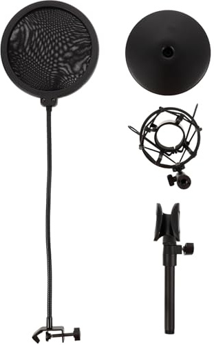 IMIKEYA Adjustable Metal Mic Stand with Strong Stability and Pop Filter, Desktop Microphone Holder for Voice over Services and Radio Broadcasting, with Supporting Shelf