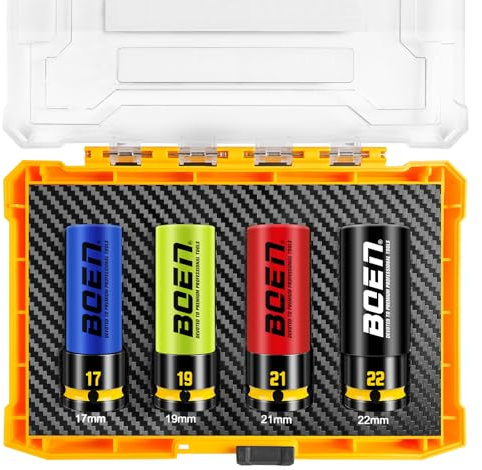 Mr.wintek 1/2 Drive Wheel nut Impact Socket Set, 17,19,21,22mm, 6-Point, Thin Wall Non-Marring Lug Nut Socket with Protective Plastic, Cr-Mo, Color-Coded, Embossed and Painted Marking, PP Case