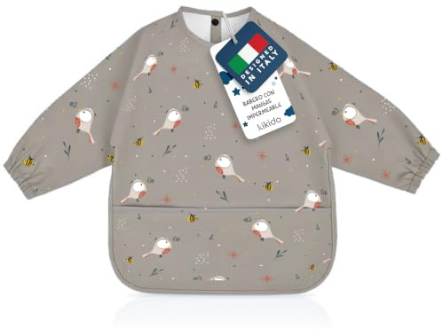 KIKIDO Babero de manga larga para destete – Delantal impermeable para gachas con bolsillo recogedor – Materiales de alta calidad, fácil de limpiar y lavable a máquina, L