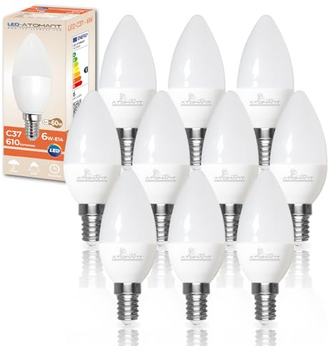 LED ATOMANT Pack 10x Bombilla LED E14 Vela C37 6W, Color Blanco Frio, 610 Lumenes, Casquillo fino, Equivalente a 60W tradicional