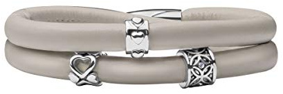Quiges Damen Leder Wickelarmband Grau Beige 40cm mit Charm Beads Versilbert Edelstahl Magnetverschluss