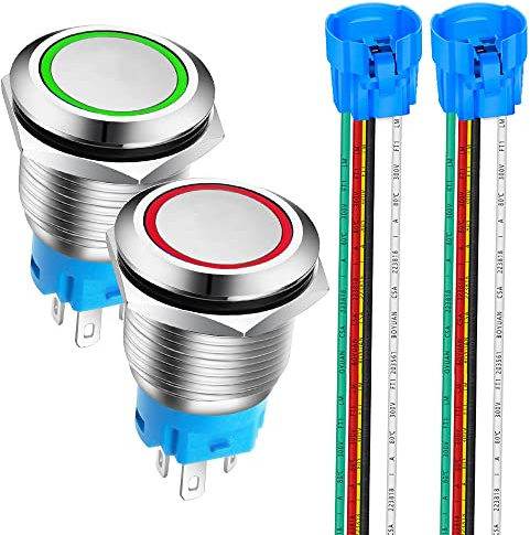 Gebildet 2Stücke 19mm Edelstahl Kurzzeitiger Drucktasten 12V-24V 5A LED 1NO1NC SPDT ON Off Wasserdichter Momentan Drück Knöpfe mit Steckdose Stecker (Rot + Grün LED)