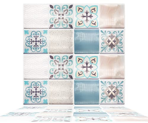 WALPLUS Spanish Retro Mediterranean Crush 12 Sheets Glossy 3D Tile Stickers 15x15cm Wall Splashbacks Vinyl Stick on Tiles Backsplash Peel and Stick Bathroom Kitchen Decor Tile Paint