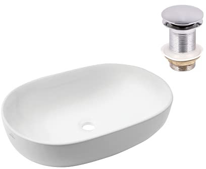 VBChome Waschbecken 60x41 cm Keramik Weiß Oval | Aufsatzwaschbecken mit Pop-Up Click-Clack Ventil | Modernes Handwaschbecken für Bad, Gäste-WC, Waschtisch, Waschschale