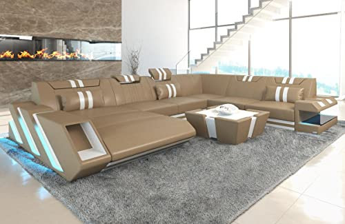 Sofa Apollonia XXL U Form Wohnlandschaft Leder Couch mit LED Ledersofa mit Ottomane und Kopfstützen (Ottomane Links, Sandbeige-Weiß)