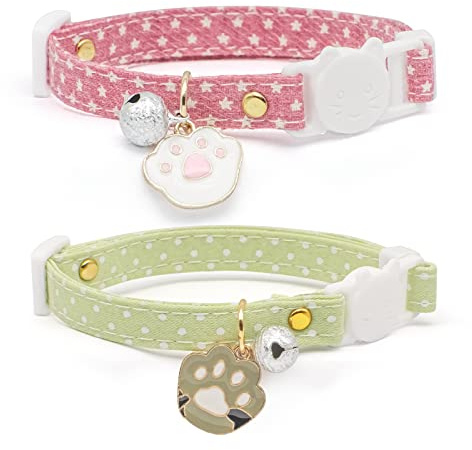 2-pack bomull breakaway katthalsband med klocka, rosa och grön katt tass hänge söt kattkrage kattunge krage, perfekt för flicka katter pojkar katter