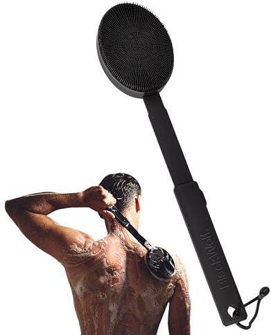 Black Wolf Silicone Body Scrubber & Exfoliator - Vibrating Loofah Shower Scrubber Brush with Handle Extension for Back - Deep Cleaning & Exfoliating Body Scrub - Bath Hygiene Essentials - Men & Women